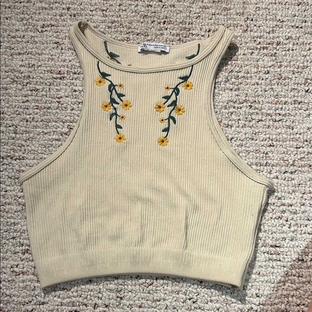Zara Cream Ribbed Crop Tank Top